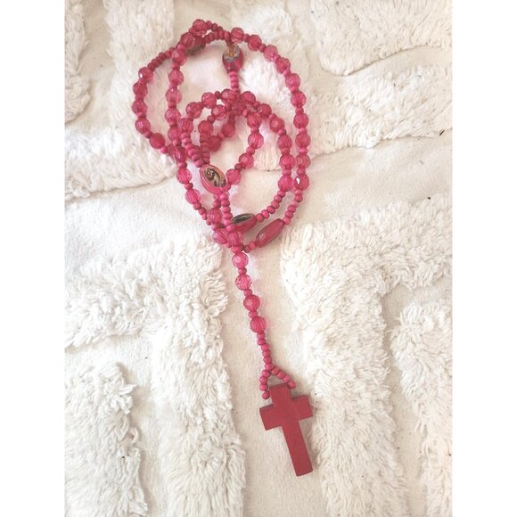 Pink Fuchsia Cross Necklace – Etched Wooden Crucifix with Plastic & Wood Beads - Picture 5 of 10